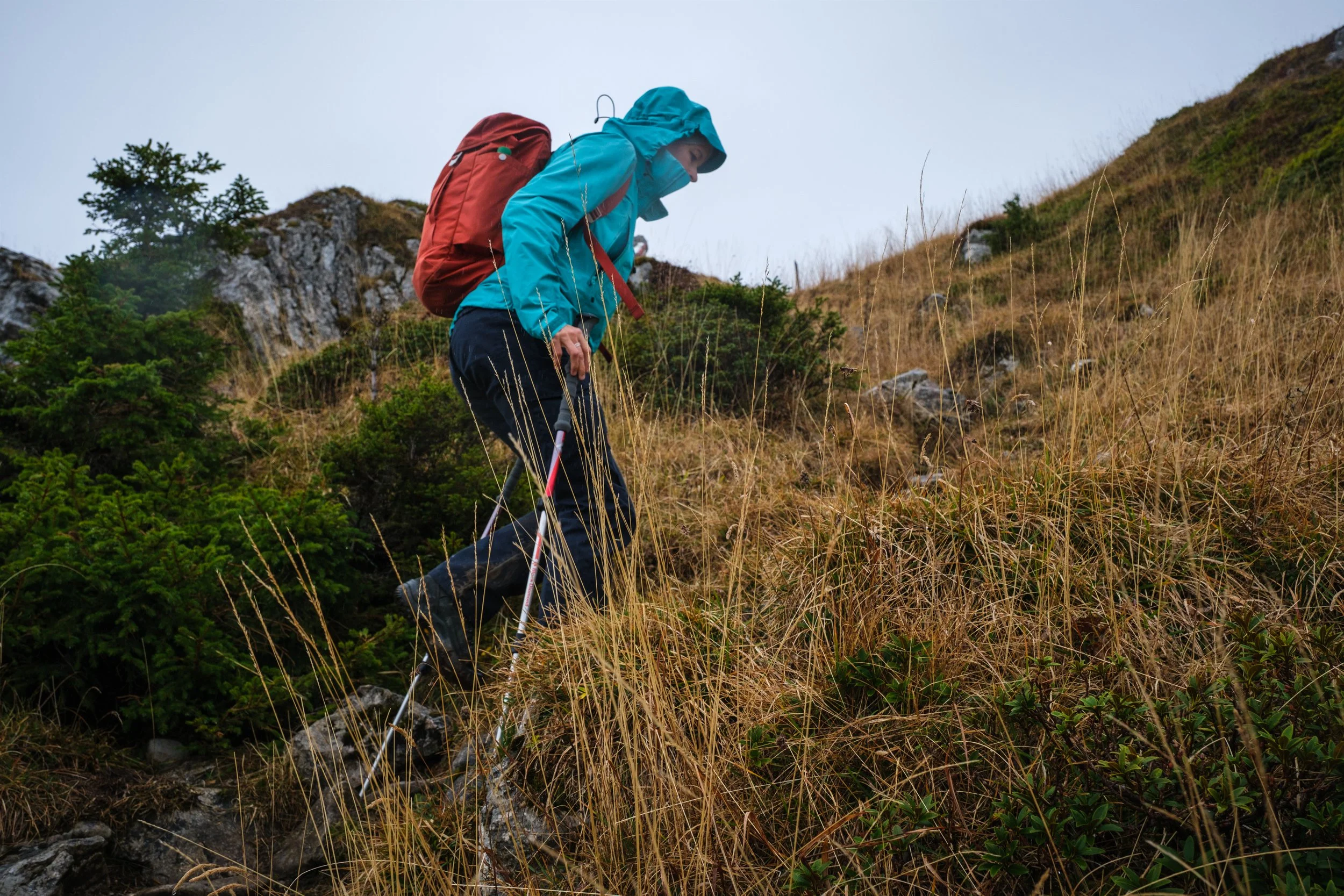 Eine Person beim Wandern in bergigem Gelände, trägt einen roten Rucksack und eine blaue Jacke.