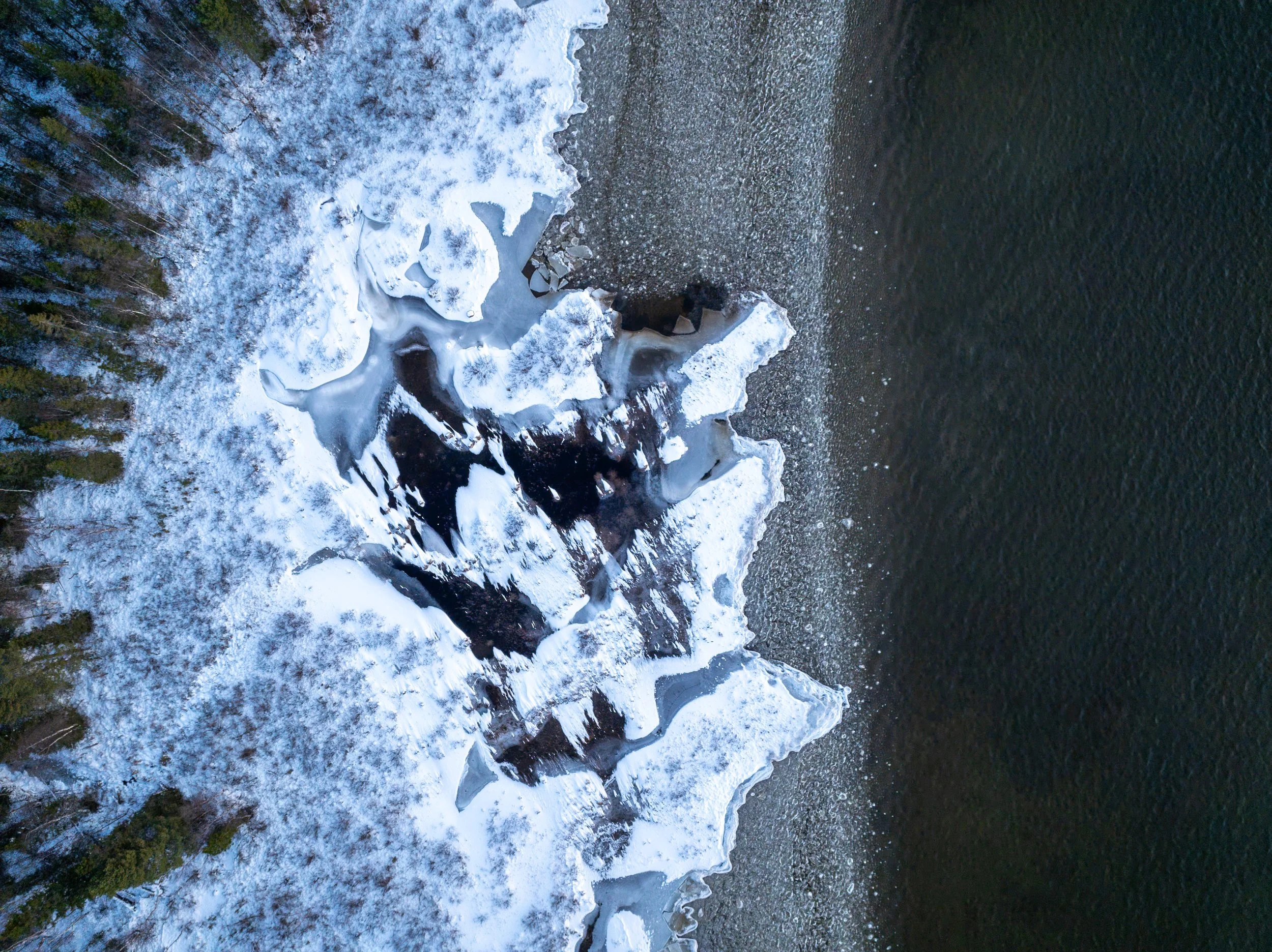 Vogelperspektive auf eine winterliche Küstenlinie mit schneebedeckten Bäumen, gefrorenem Wasser und dunklem Meer.
