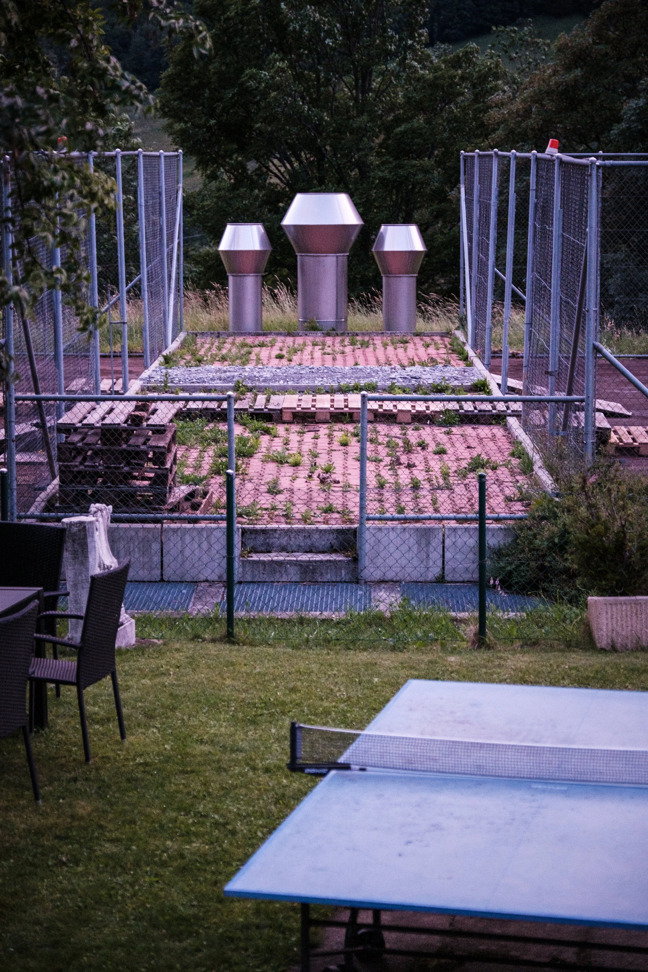 Ein abgelegener, wenig genutzter Basketballplatz mit einem Labradortier in einer engen Gitterbox, umgeben von Gartenmöbeln und Bäumen im Hintergrund.